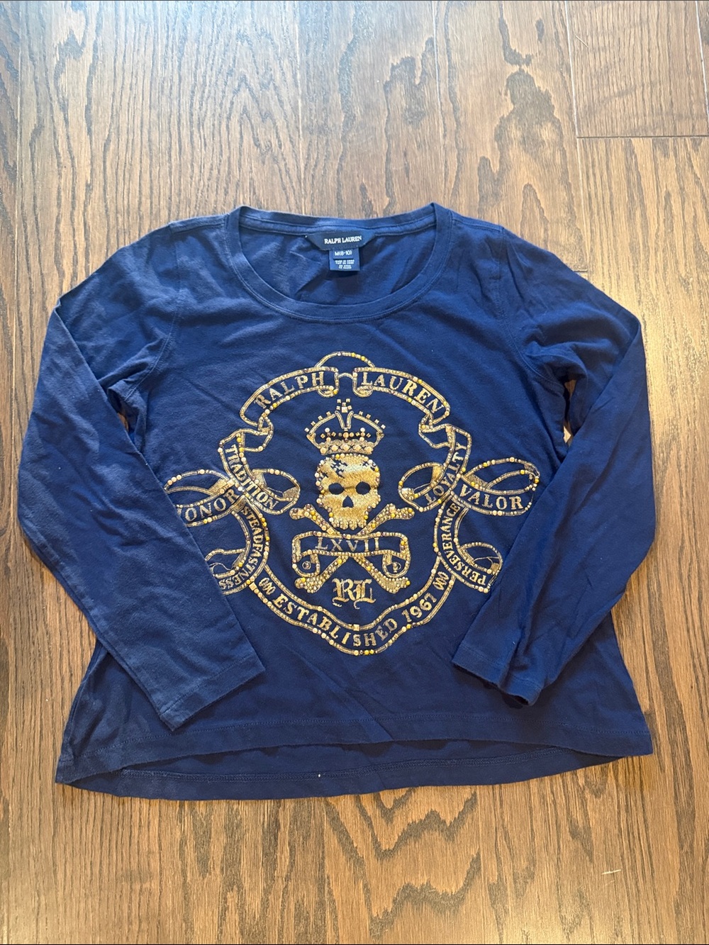 Ralph Lauren Navy Long-Sleeve Tee with Gold Crest Skull Graphic